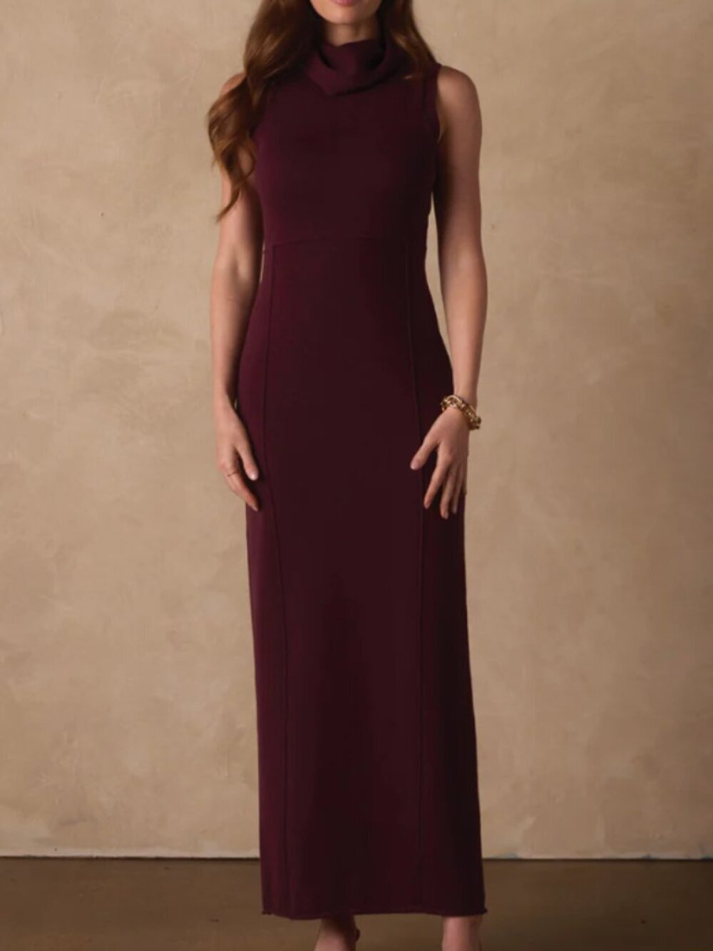 The Normal Brand Eloise Column Dress Port Wine Maxi Turtleneck Stretch Sz Small
